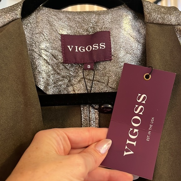 Vigoss Olive NWT Green crackled Suede Metallic Open Front MOTO Jacket Small S - Picture 5 of 8